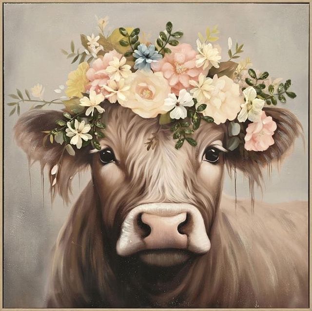 Classy Living Contemplative Blossom Crowned Cow Wall Art-0