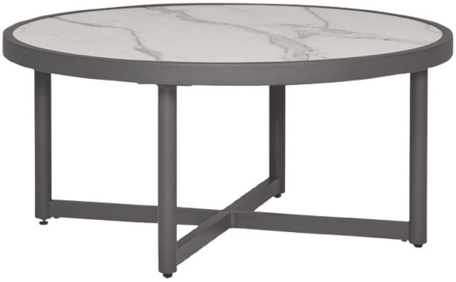 Signature Design by Ashley® Ocean Beach White Aluminum/Stone Outdoor Cocktail Table with Gray Base-0