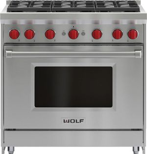 Front view of the Wolf® 36" Stainless Steel Freestanding Natural Gas Range