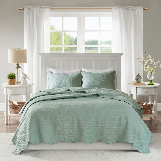 Olliix by Madison Park 3 Piece Seafoam Full/Queen Tuscany Reversible Scalloped Edge Coverlet Set-4