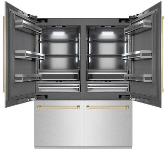 ZLINE Autograph Edition 60" 32.2 Cu. Ft. Satin Stainless Steel Built-In French Door Refrigerator with Polished Gold Accents-2