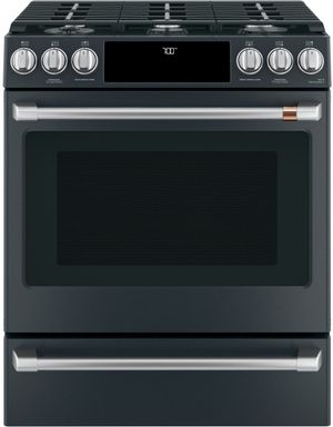 Front view of the Café™ 30" Matte Black Slide-In Gas Range