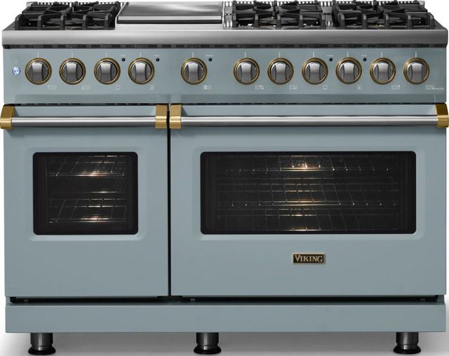 Viking® 5 Series 48" Novembery Sky Pro Style Dual Fuel (LP) Range with Brushed Brass Trim-2