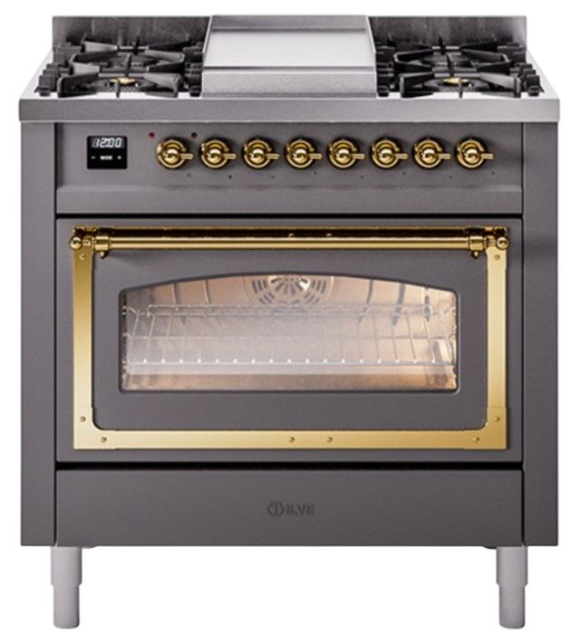 Ilve® Nostalgie II Noblesse 36'' Graphite Matte Pro Style Dual Fuel Range with Brass Trim-0