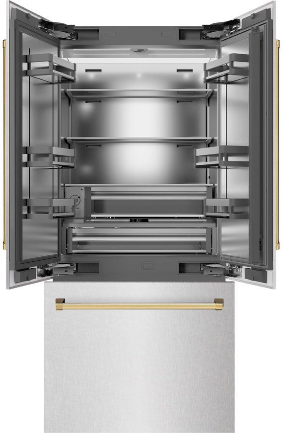 ZLINE Autograph Edition 36" 19.6 Cu. Ft. Satin Stainless Steel Built-In French Door  Refrigerator with Polished Gold Accents-1