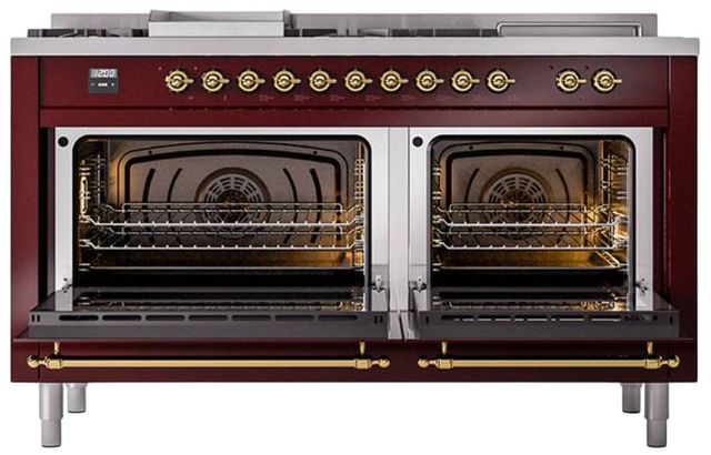 Ilve® Nostalgie II Noblesse 60'' Burgundy Pro Style Dual Fuel Range with Brass Trim-1