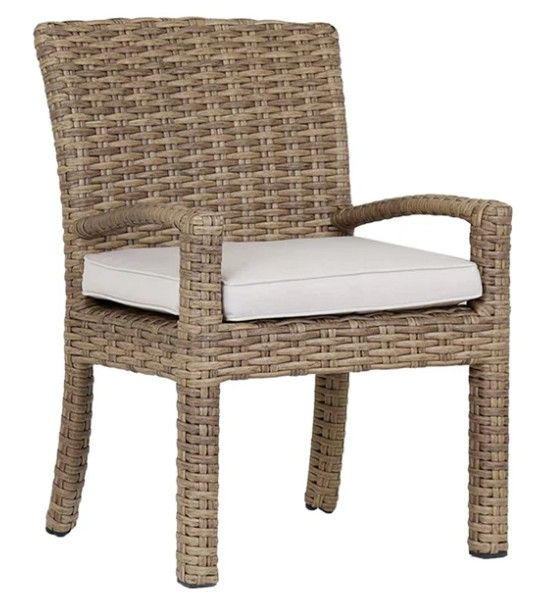 Sunset West Havana Aged Tobacco Resin Wicker Outdoor Dining Arm Chair with Canvas Flax Cushion-0