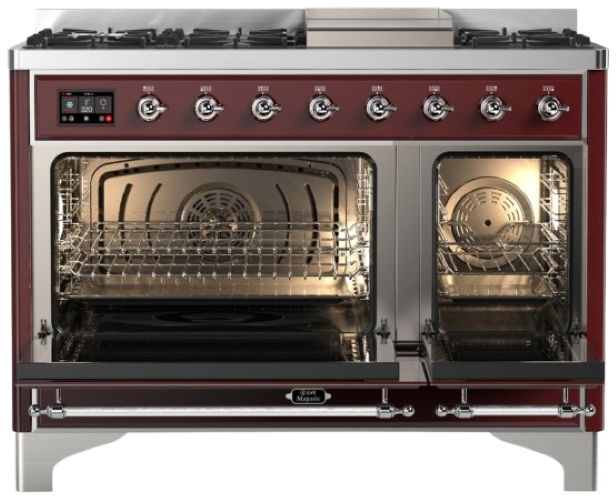 Ilve® Majestic III 48" Burgundy Pro Style Dual Fuel Liquid Propane Range with Solid Door and Chrome Trim-1