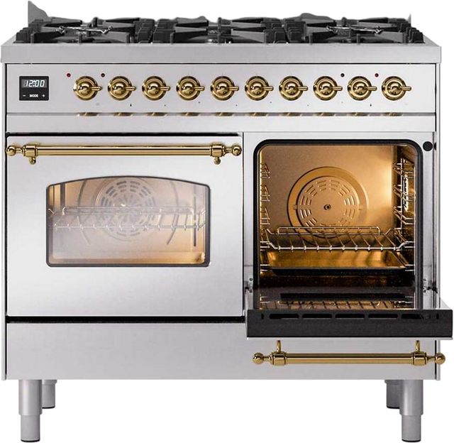 Ilve® Nostalgie II 40" Stainless Steel Pro Style Dual Fuel Range with Brass Trim-3