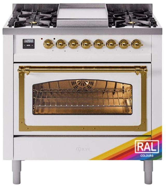Ilve® Nostalgie II Noblesse 36'' Custom RAL Color Pro Style Dual Fuel Range with Brass Trim-0