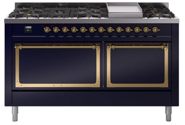 Ilve® Nostalgie II Noblesse 60'' Midnight Blue Pro Style Dual Fuel Range with Brass Trim-0