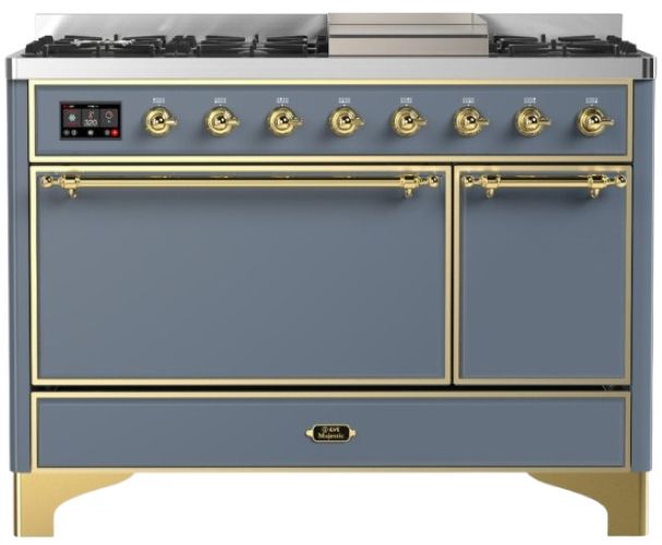 Ilve® Majestic III 48" Blue Gray Pro Style Dual Fuel Natural Gas Range with Solid Door and Brass Trim-0