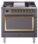 Ilve® Nostalgie II Noblesse 36'' Graphite Matte Pro Style Dual Fuel Range with Brass Trim-0