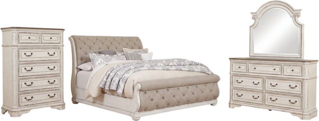 Liberty Furniture Magnolia Manor 4-Piece Antique White/Gray/Weathered Bark Queen Sleigh Bedroom Set with Chest-0
