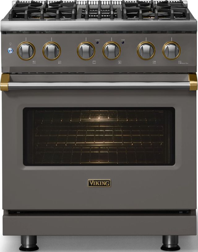 Viking® 5 Series 30" Damascus Gray Pro Style Dual Fuel (NG) Range with Brushed Brass Trim-2