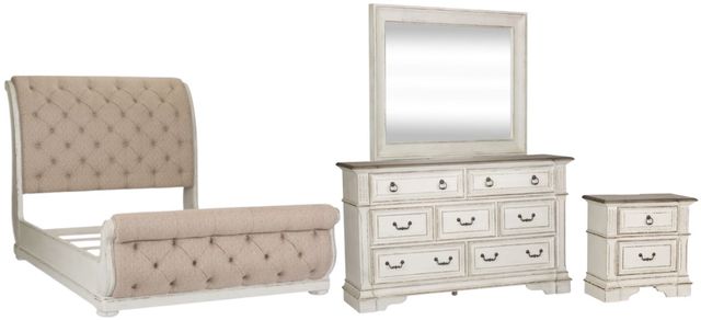 Liberty Furniture Abbey Park 4-Piece Antique White/Weathered Brown Queen  Upholstered Sleigh Bedroom Set | Brownie Furniture | Virginia, MN
