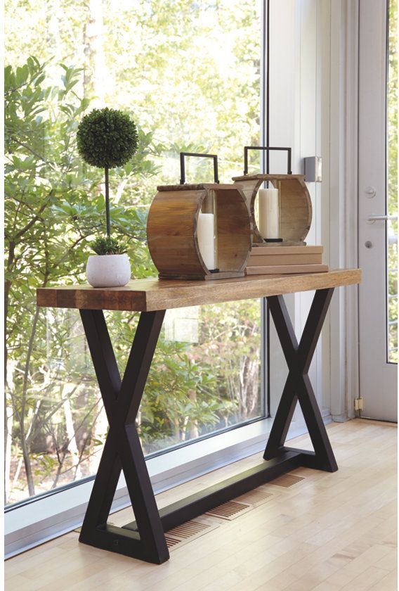 Signature Design by Ashley® Wesling Light Brown Sofa Table with Black Trestle Legs-1