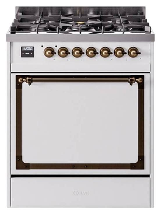 Ilve® Nostalgie II Noblesse 30'' White Pro Style Dual Fuel Range with Burnished Trim-0