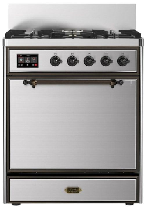 Ilve® Majestic III 30" Stainless Steel Pro Style Dual Fuel Natural Gas Range with Solid Door and Burnished Trim-0