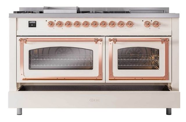Ilve® Nostalgie II Noblesse 60'' Antique White Pro Style Dual Fuel Range with Copper Trim-3