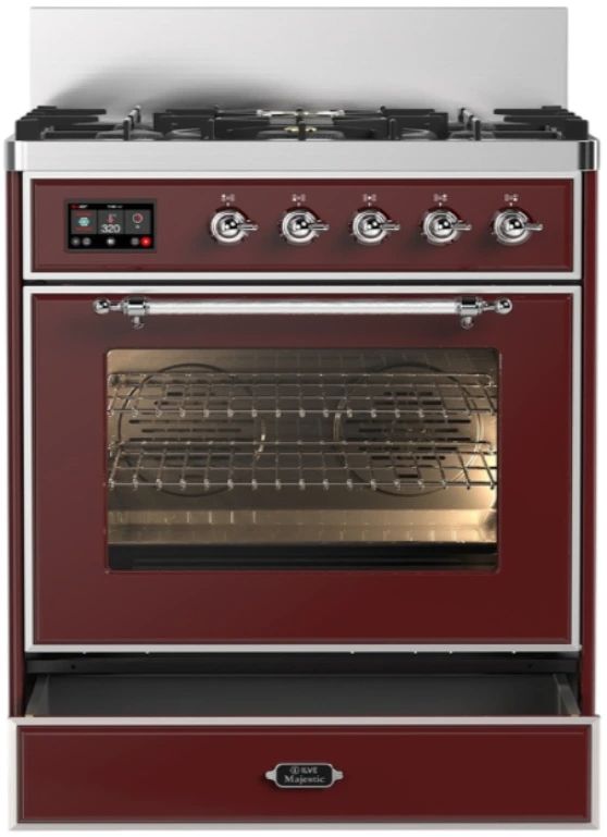 Ilve® Majestic III 30" Burgundy Pro Style Dual Fuel Liquid Propane Range with Triple Glass Door and Chrome Trim-1