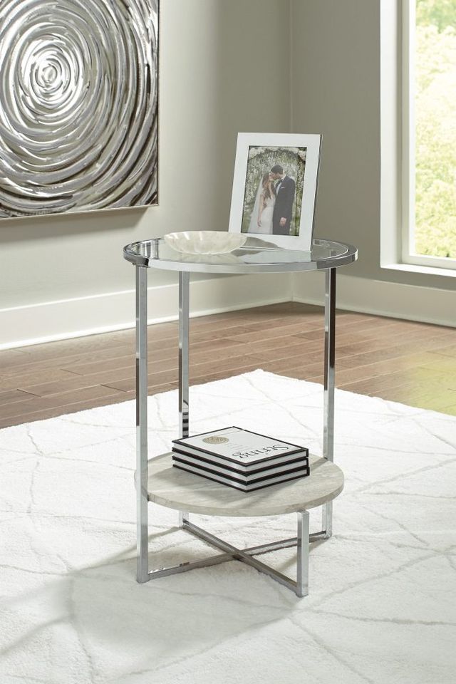 Signature Design by Ashley® Bodalli Glass Top End Table with Chrome Metal Frame and Off White Shelf-3