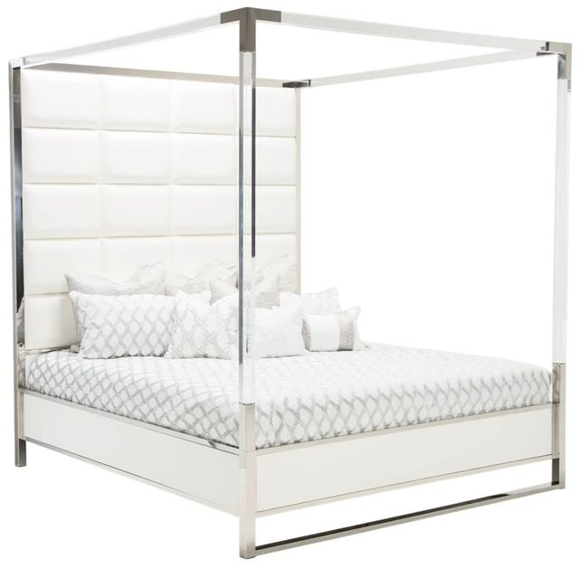 Michael Amini® State St. Glossy White/Stainless Steel California King Canopy Bed-0