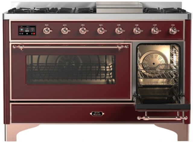 Ilve® Majestic III 48" Burgundy Pro Style Dual Fuel Liquid Propane Range with Triple Glass Door and Copper Trim-3