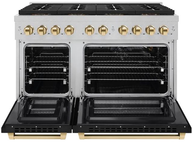 ZLINE Autograph Edition Paramount 48" 6.7 Cu. Ft. Satin Stainless Steel Gas Range with 8 Burner DuoPro™ Cooktop, Dual Ovens, Black Matte Doors and Polished Gold Accents-1