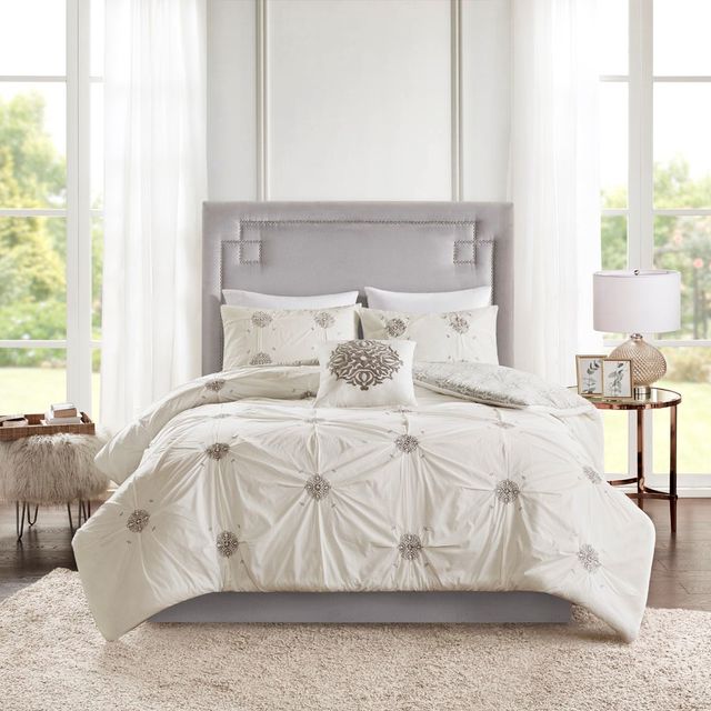 Olliix by Madison Park 4 Piece Ivory Full/Queen Malia Embroidered Cotton Reversible Duvet Cover Set-4