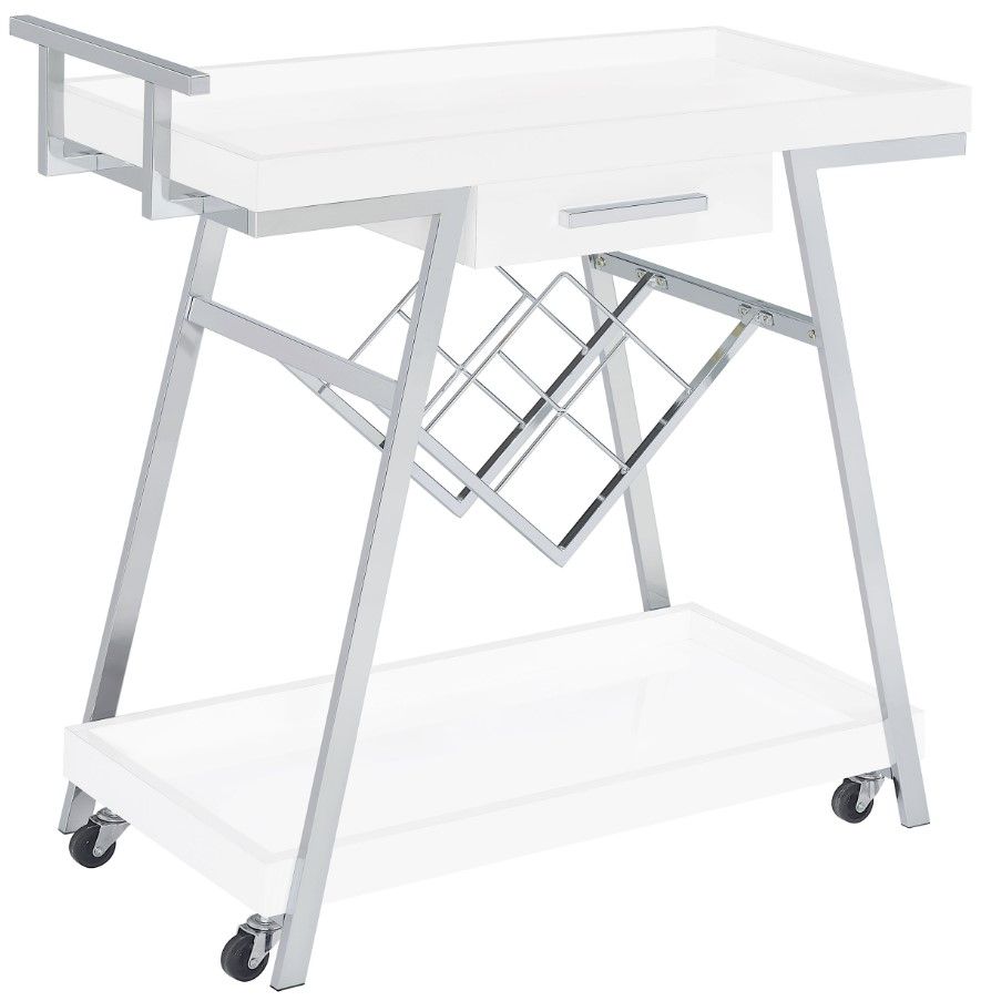 Coaster® Kinney White/Chrome 2-Tier Bar Cart with Storage Drawer