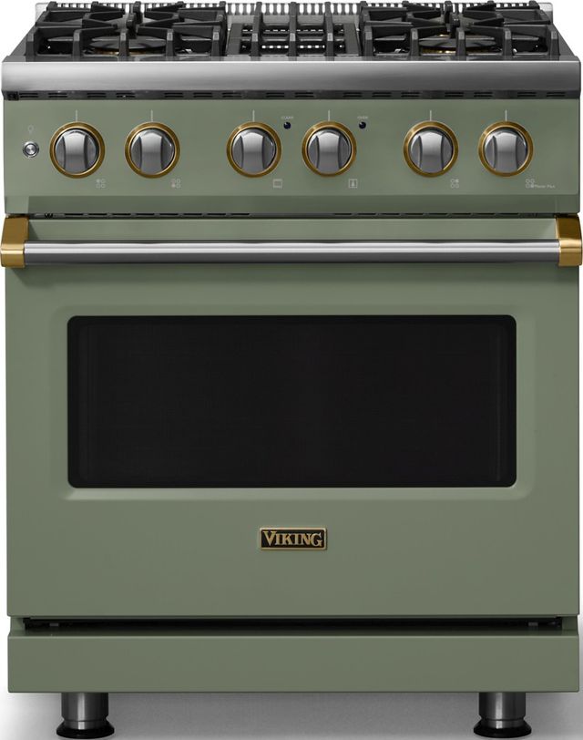 Viking® 5 Series 30" Eucalyptus Pro Style Dual Fuel (NG) Range with Brushed Brass Trim-0