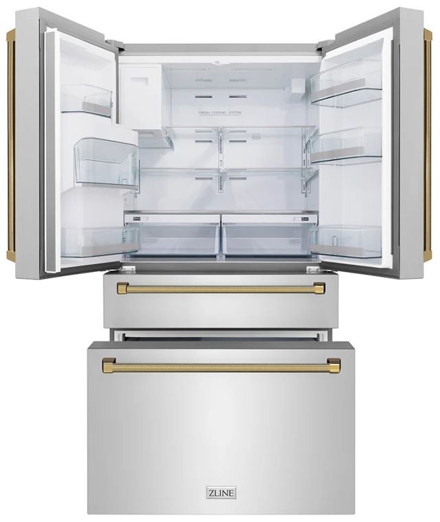 ZLINE Autograph Edition 36" 21.6 Cu. Ft. Stainless Steel Counter-Depth French Door Refrigerator with Water and Ice Maker in Fingerprint-Resistant and Polished Gold Helix Handles-3