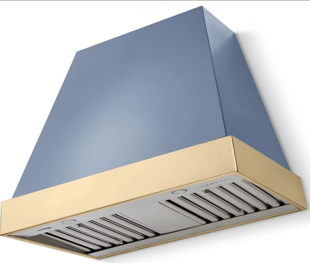 La Cornue CornuFé Euclid 36" Provence Blue Wall Mounted Range Hood with Polished Brass Trim-0