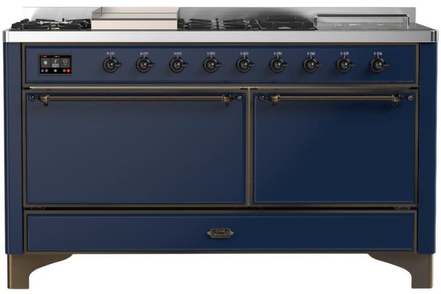 Ilve® Majestic III 60" Midnight Blue Pro Style Dual Fuel Natural Gas Range with Solid Door and Burnished Trim-0