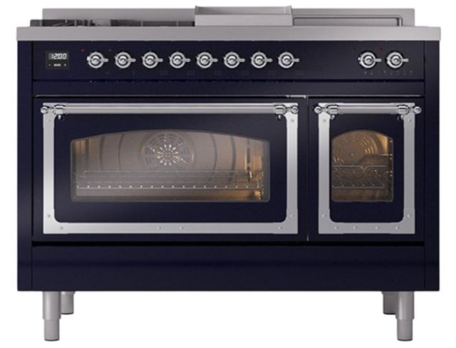 Ilve® Nostalgie II Noblesse 48'' Midnight Blue Pro Style Dual Fuel Range with Chrome Trim-1