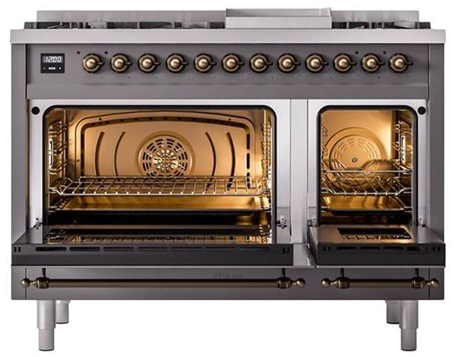 Ilve® Nostalgie II Noblesse 48'' Graphite Matte Pro Style Dual Fuel Range with Burnished Trim-2