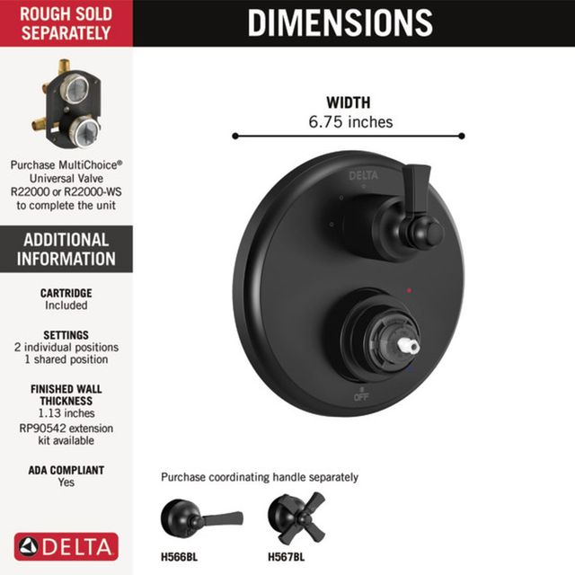 Delta Dorval® Monitor® 14 Series Matte Black 2-Handle Valve Trim with 3-Setting Diverter-1