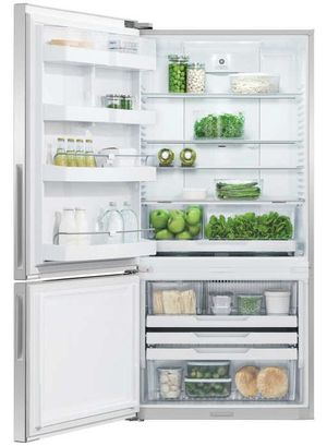front view of the opened Fisher & Paykel Series 5 32 in. 17.5 Cu. Ft. Stainless Steel Counter Depth Bottom Freezer Refrigerator