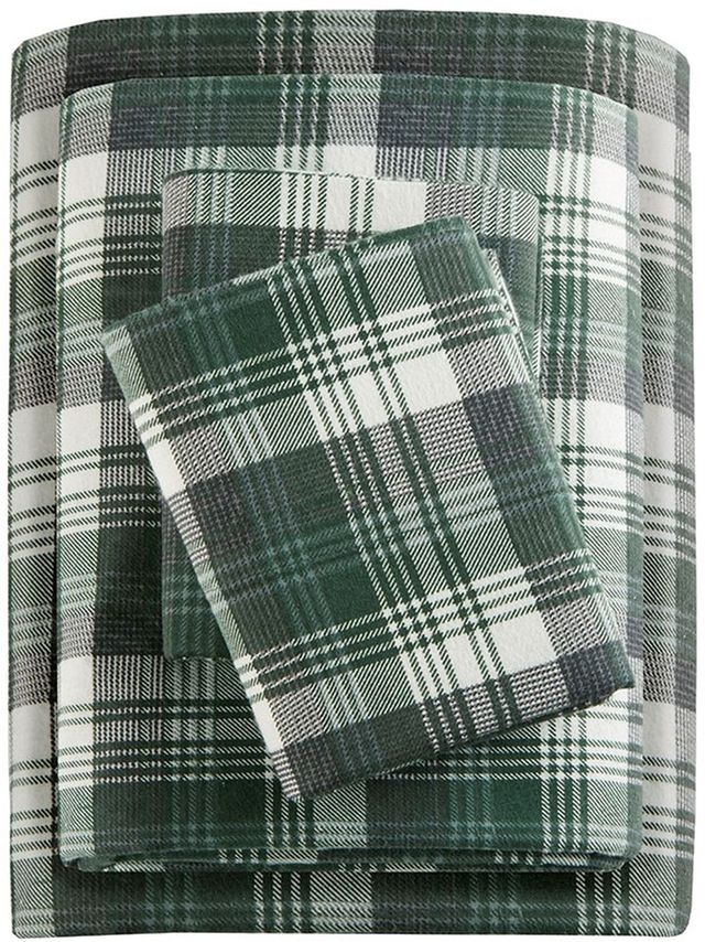 Olliix by Woolrich Green Plaid King Flannel Cotton Sheet Set-0