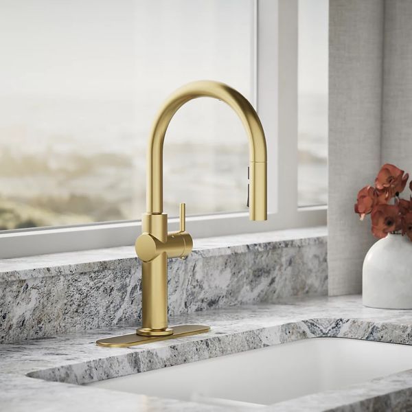 KOHLER® Crue® Vibrant Brushed Moderne Brass Touchless Kitchen Sink Faucet with 3-Function Sprayhead-1