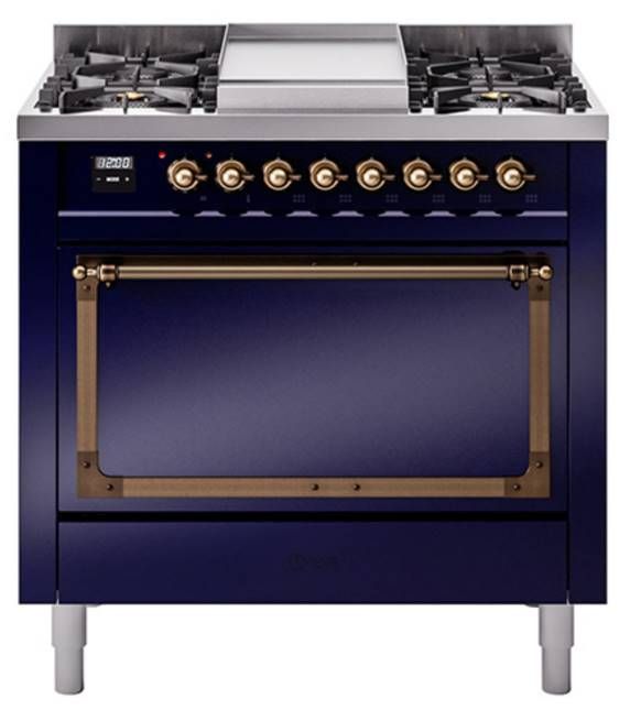 Ilve® Nostalgie II Noblesse 36'' Midnight Blue Pro Style Dual Fuel Range with Burnished Trim-0