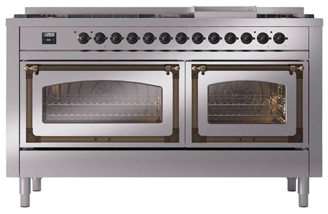 Ilve® Nostalgie II Noblesse 60'' Stainless Steel Pro Style Dual Fuel Range with Burnished Trim-1