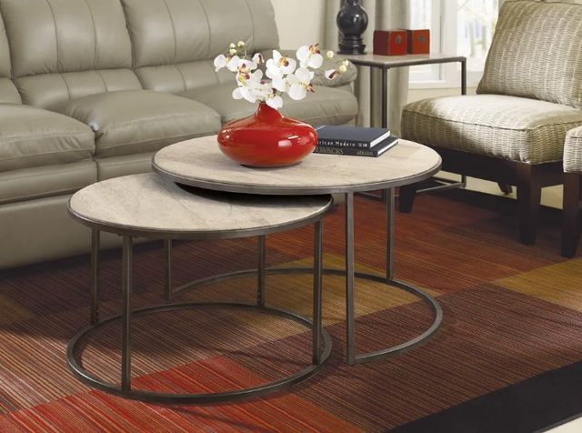 Hammary® Modern Basics 2-Piece Brown Marble Top Round Nesting Cocktail Table Set with Antique Silver Base-1