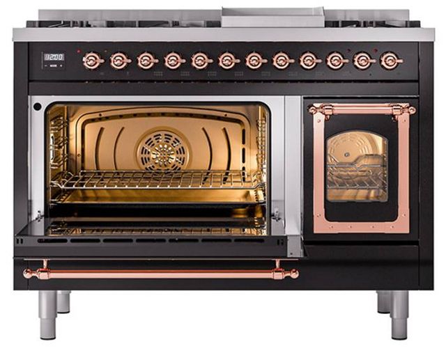 Ilve® Nostalgie II Noblesse 48'' Glossy Black Pro Style Dual Fuel Range with Copper Trim-3