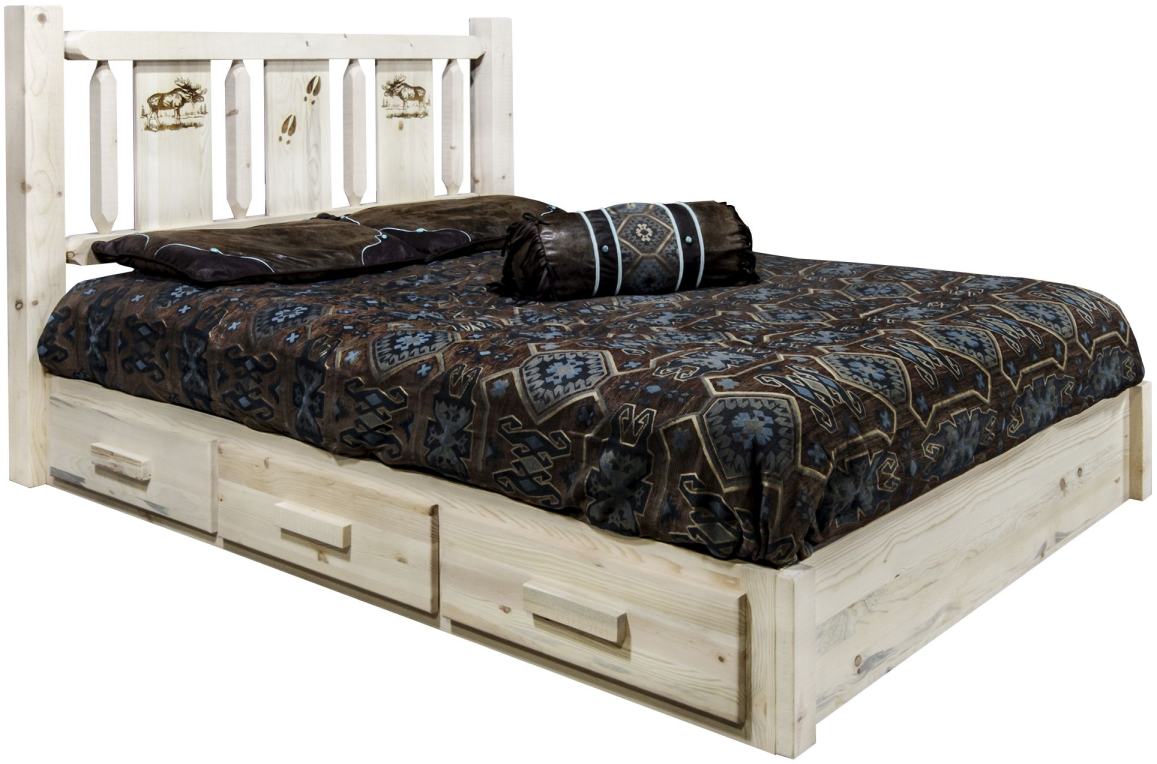 Montana Woodworks® Homestead Clear Lacquer Full Platform Storage Bed with Laser Engraved Moose Design