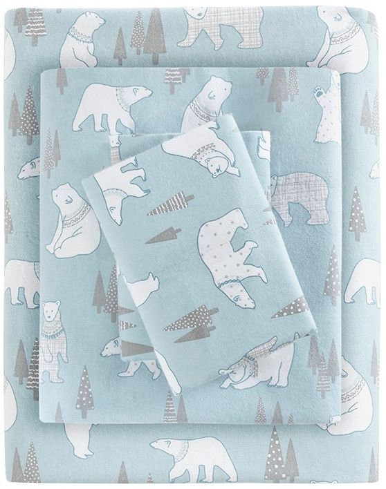 Olliix by True North by Sleep Philosophy Blue Polar Bears Twin Cozy 100% Cotton Flannel Printed Sheet Set-0