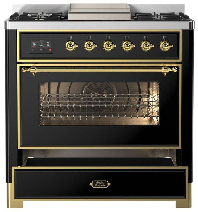 Ilve® Majestic III 36" Glossy Black Pro Style Dual Fuel Liquid Propane Range with Triple Glass Door and Brass Trim-3