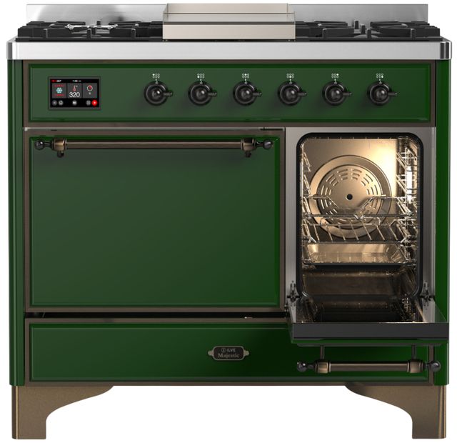 Ilve® Majestic III 40" Emerald Green Pro Style Dual Fuel Natural Gas Range with Solid Door and Burnished Trim-3