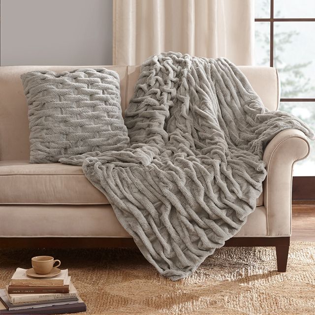 Olliix by Madison Park Ruched Fur Grey 20"x20" Square Pillow-1